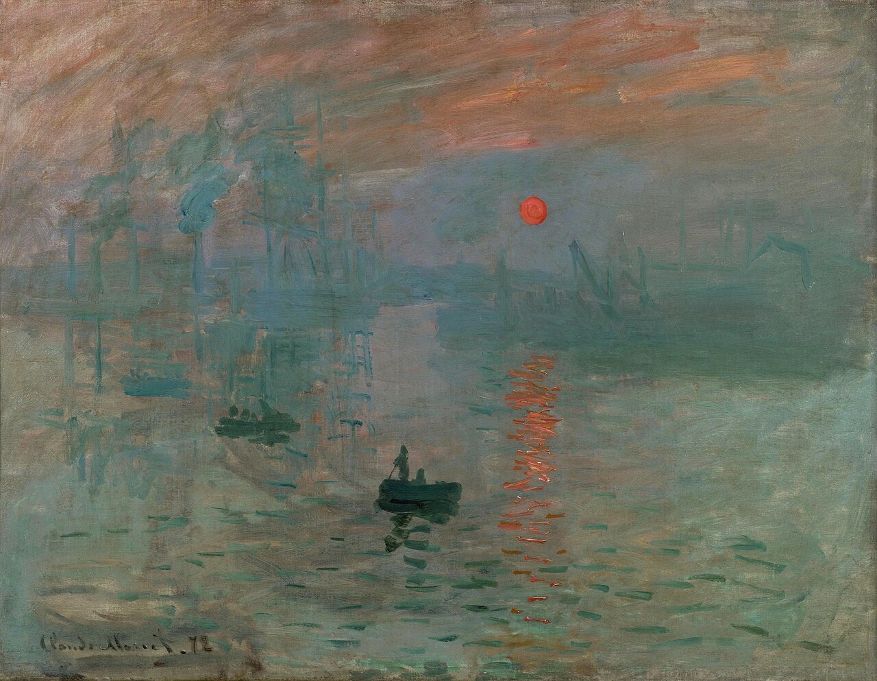 Claude Monet’s painting Impression, Sunrise — a hazy harbour at dawn, an orange sun low over still water.